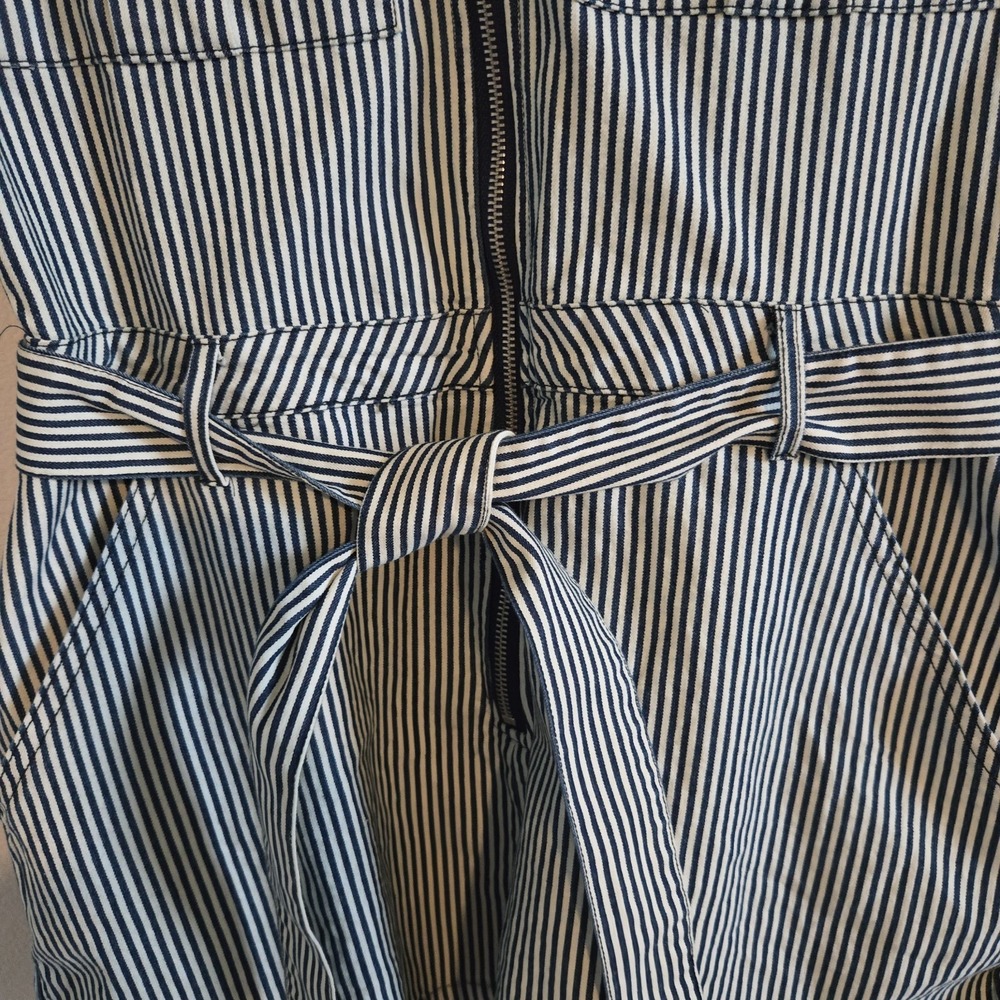 Justify Jumpsuit Shorts Womens Small Blue White Striped Belted Romper Zipper - Picture 3 of 12